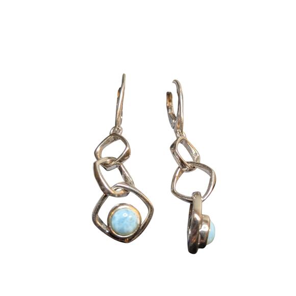 925 Sterling Silver Loopy Dangle Leverback Larimar Stone Earrings - Picture 3 of 6